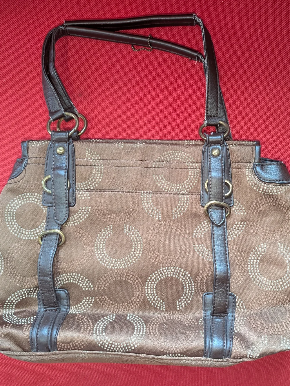 Purse Tote Shoulder Bag Dark Brown Trim Dotted C Coach Logo Design Decent Shape - Picture 2 of 13